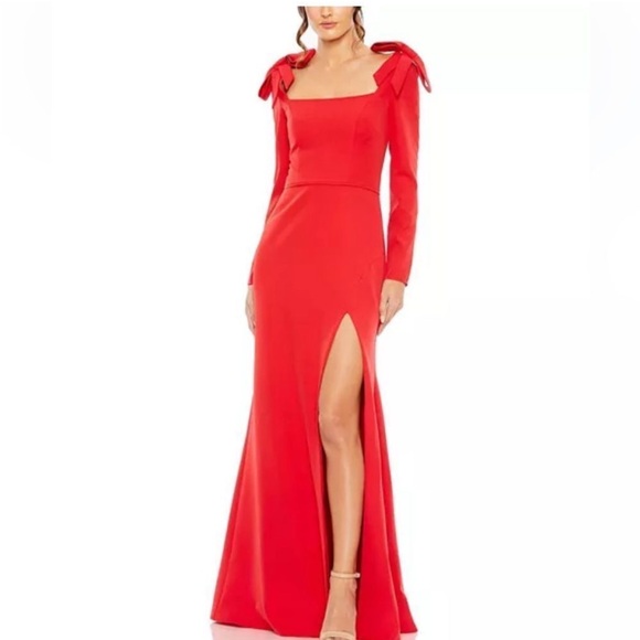 Nwt Mac Duggal Gown Empire Waist Maxi Gown Bow Shoulder In Red 49648